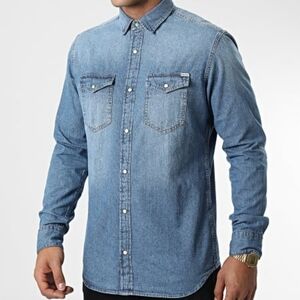 JACK & JONES Regular fit Button Up Shirt 'Sheridan' in Blue Denim Size M Cotton
